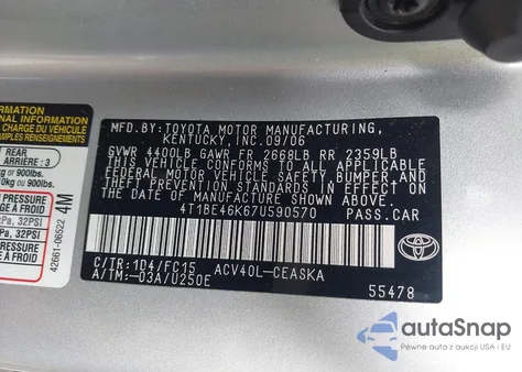 2007 Toyota Camry Se z USA, uszkodzony, nr VIN 4T1BE46K67U590570